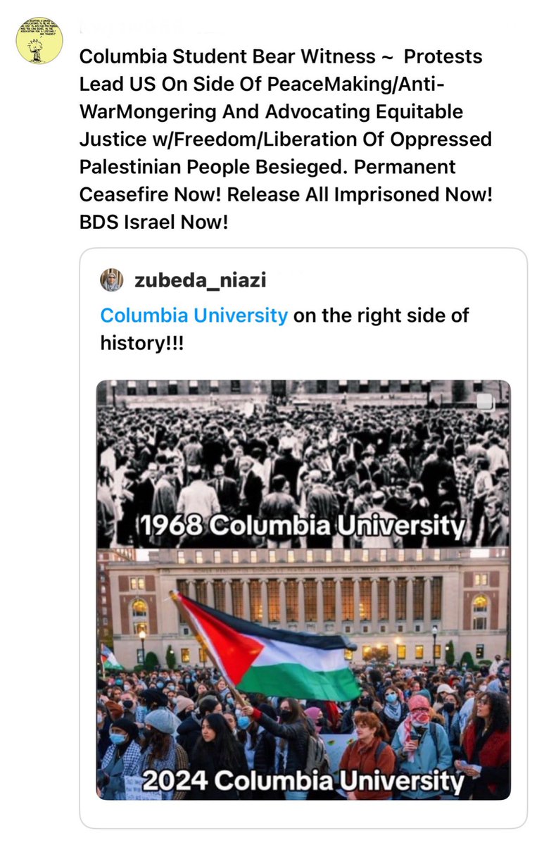 Columbia Student Bear Witness ~  Protests Lead US On Side Of PeaceMaking/Anti-WarMongering And Advocating Equitable Justice w/Freedom/Liberation Of Oppressed Palestinian People Besieged. Permanent Ceasefire Now! Release All Imprisoned Now! BDS Israel Now!
