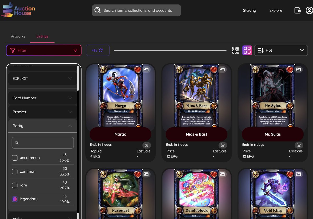 Auction house filters allow you to dig down deep into collection details! Need to see the entire makeup of the @Blitz_TCG deck? Use the 'filter' feature and select the rarity, bracket, artist, and more, all on the collection page! check it out here: ergoauctions.org/collection/822…