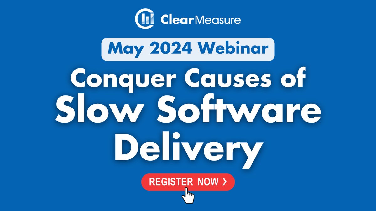 Register for our next webinar.   

This webinar aims to go over the common categories that consume the time and capacity of software teams everywhere.    

clearmeasure.zoom.us/webinar/regist…    

#SoftwareDelivery #dotNETdeveloper #ClearMeasureWay