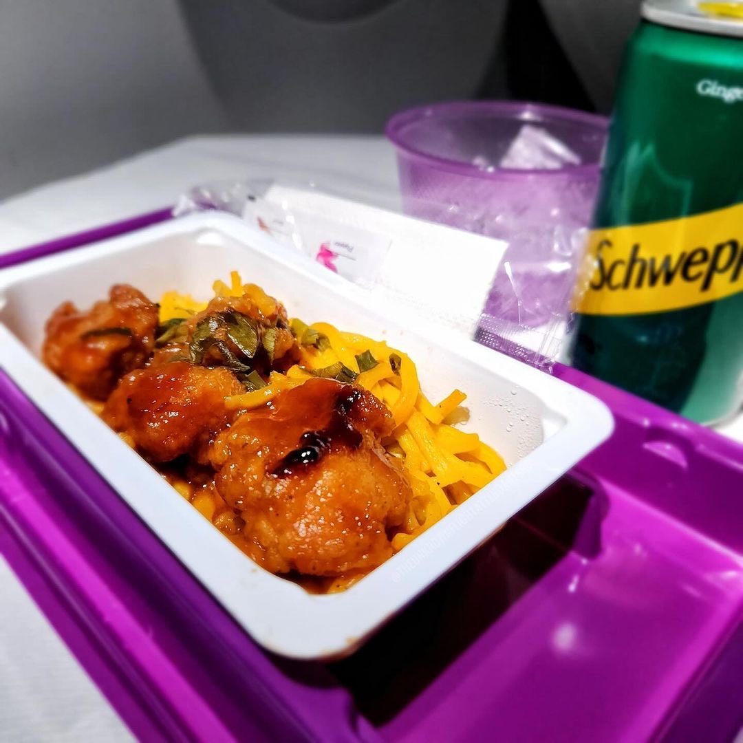 A week after hot meals were reintroduced, here’s a look at one of the meal options - noodles sweet and sour chicken. If anyone has pics of the other meals… feel free to drop them in the comments! 📸 : theunknownflightattendant868 on IG