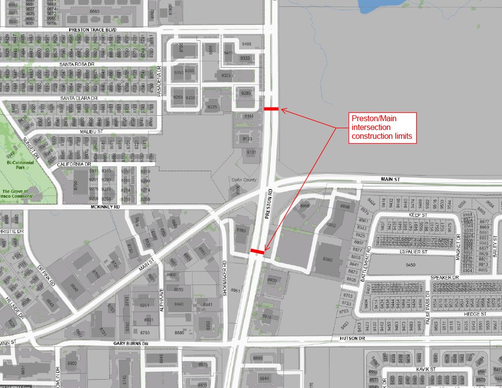 🚦Drivers - expect the following daily lane closures, 9 a.m. to 3:30 p.m. (weather permitting) – Wade Blvd / Preston Rd. (exp. comp. Q2 2024) – Preston Rd / Main St. (exp. comp. Q2 2024) ➡️ View project details: friscotexas.gov/1855/Intersect…