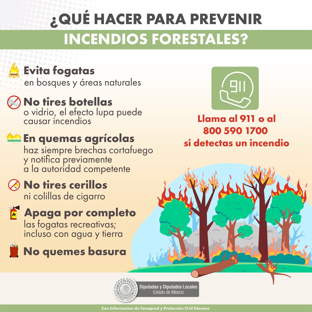 ¡Atención, comunidad mexiquense! Nuestros bosques y ecosistemas son invaluable tesoro que debemos proteger. 🌳🌳 Sigamos las recomendaciones de #Cenapred para prevenir #IncendiosForestales. #PrevenciónDeIncendios #CuidemosNuestroEcosistema