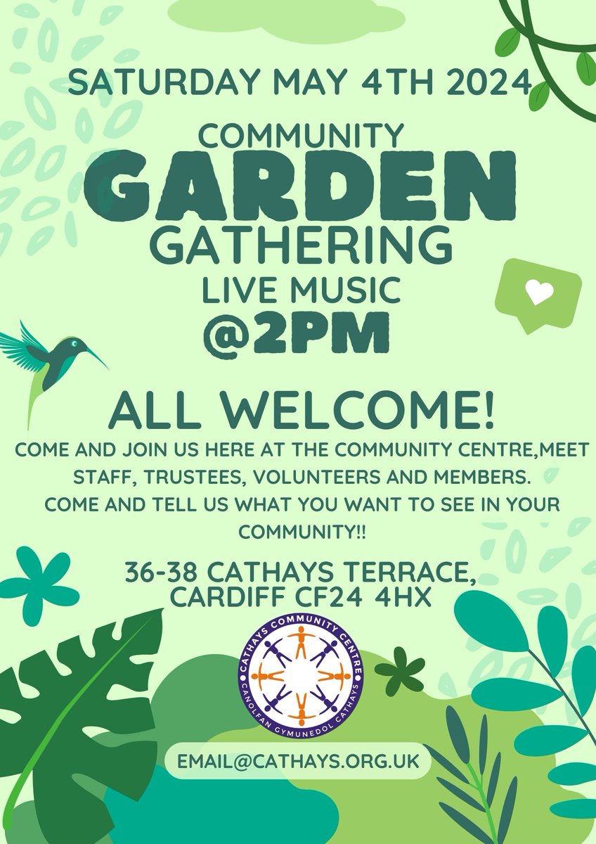 🟢 Happy Monday everyone! Don't forget that our Garden Gathering is already taking place on this weekend, Saturday, 4th of May at 2pm. Read more about the event from our blog: ✨bit.ly/3QkWNuM ✨ #cathays, #cathayscommunitycentre, #event, #gardengathering, #livemusic.