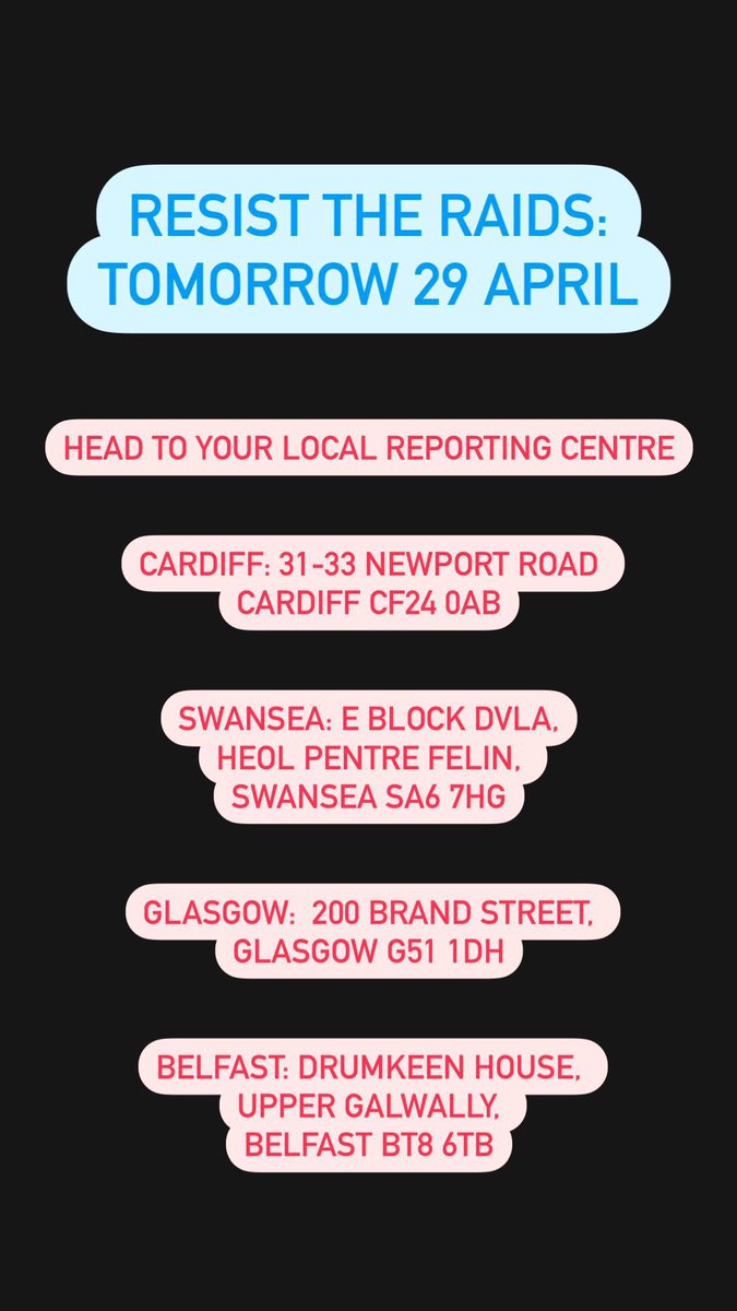 🚨 Starting tomorrow 9am - head to your local Home Office reporting centre. Alert people seeking asylum or those attending the centre the risk they are in by visiting the centre. Make sure they have a lawyer, are attending with someone, and have contact details of a lawyer.