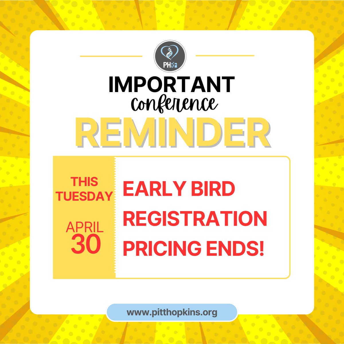 A friendly reminder that early bird pricing for Conference Registration ends this TUESDAY, APRIL 30th! All conference details, including the registration link, can be found here ➡ pitthopkins.org/pthsconference… 🗻💙 #pitthopkins #conference #Denver #family #research