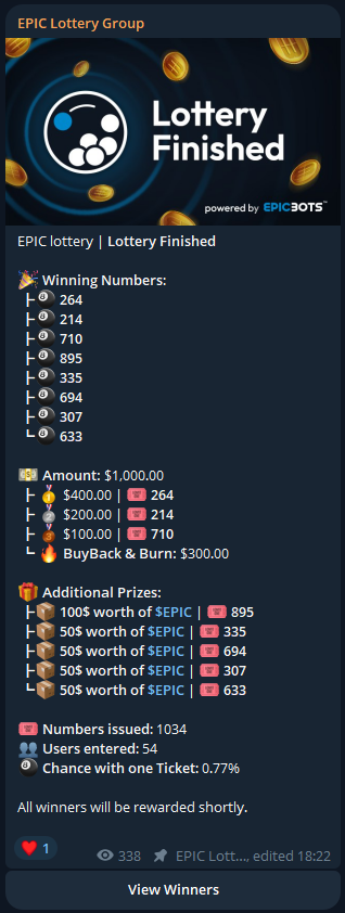 Congratulations to all #EPIC Lottery winners! 🍀 All prizes have been send 💸 Join our #Telegram: t.me/EpicBotsPortal