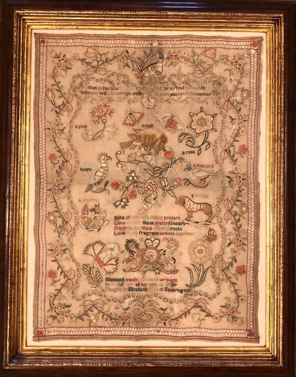 Fifteen-year-old Elizabeth Maslin stitched this extremely fine sampler, full of vibrant animals and flowers, in 1787. She was taught by a woman also named Elizabeth in Eastrington, Yorkshire. Elizabeth Maslin was from the area, marrying George Smith in the village in 1795