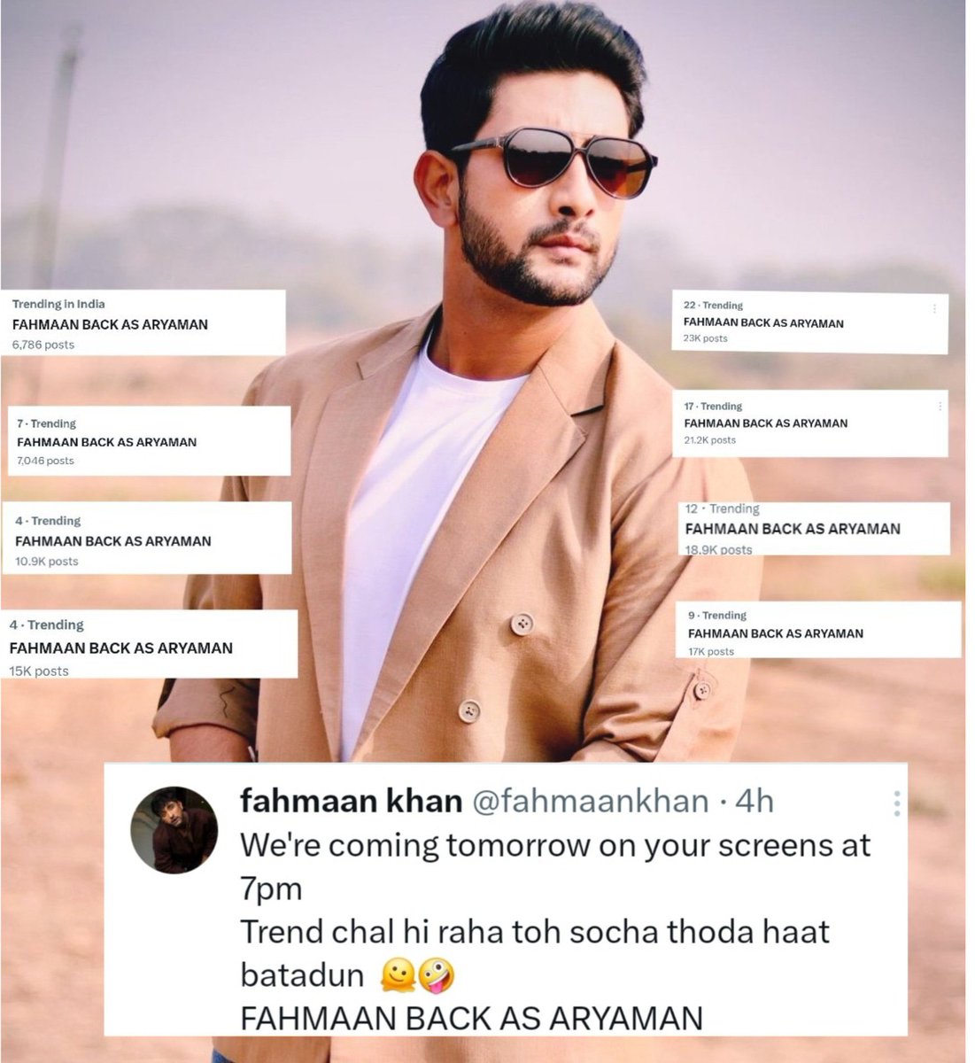 Thank you Shukriya Gracias Merci @fahmaankhan for coming here and acknowledging the trend. You are the SAARTHI for us #Fahmaanians
This means a lot to us. 
Wishing you the very best being #AryamanMehta

FAHMAAN BACK AS ARYAMAN