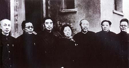 Left to right: Wu Yuzhang, Lu Dingyi, Zhou Enlai, Deng Yingchao, Dong Biwu and Wang Ruofei