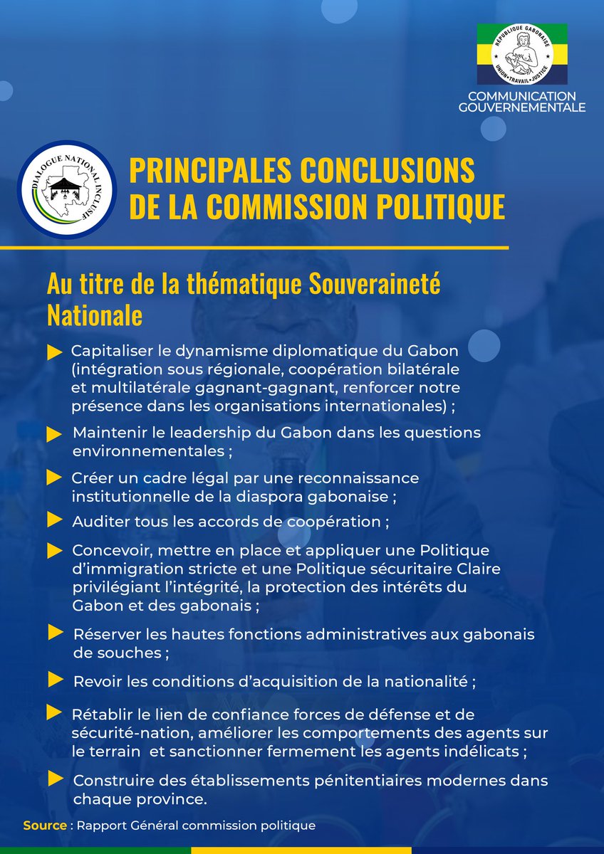 [ DIALOGUE NATIONAL INCLUSIF ]

Retrouvez les principales conclusions de la Commission Politique du @dialogue241

Au titre de la thématique Institution et Régimes Politiques.

#Gabon
#DNI2024
#PlénièreGénérale
#ComGouv