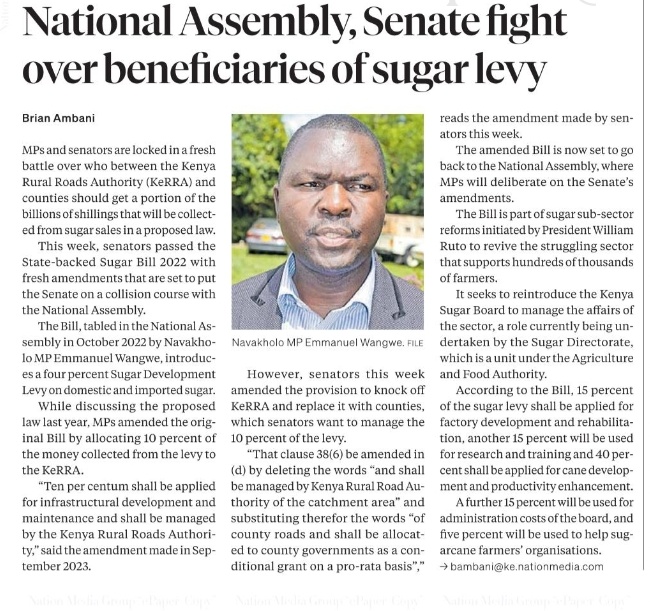 Cartels seek to divide the @NAssemblyKE & @Senate_KE over the Sugar Bill: Should the 4% #SugarLevy or #Cess be managed by @KeRRA_Kenya or @KenyaGovernors?