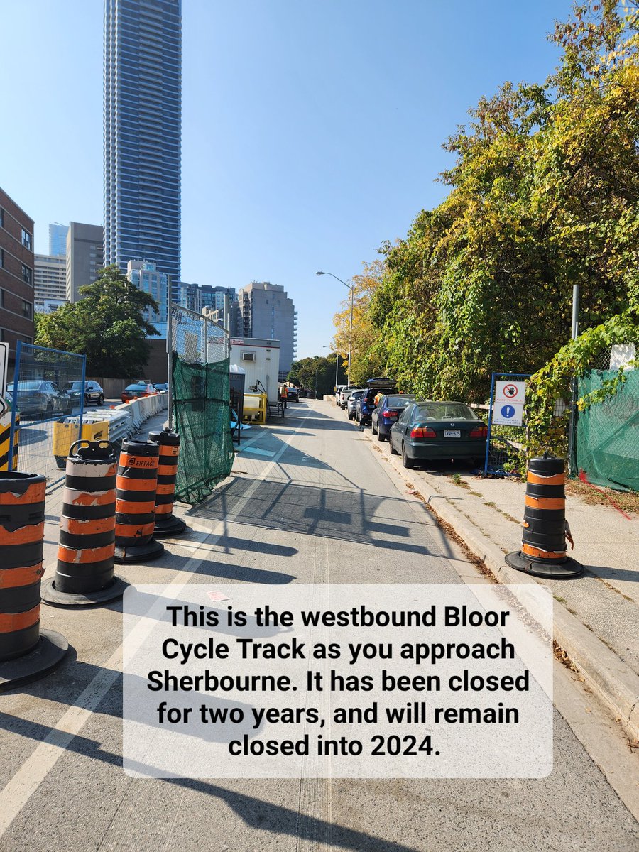 Update: Another delay in the work on the Glen Rd Bridge project. Started in October of 2021, the delay will keep the Bloor bike lane closed throughout the summer of 2024. Work will shift the bike lane closure to the south side now. Another year of riding single file.