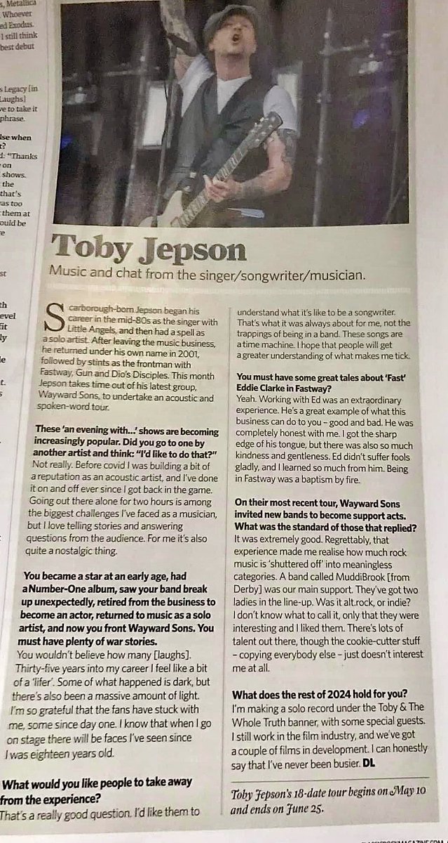 Huge thank you to @TobyJepson for the mention in the latest @ClassicRockMag 🤩 It was an absolute pleasure touring with you and @WaywardSonsBand ❤️