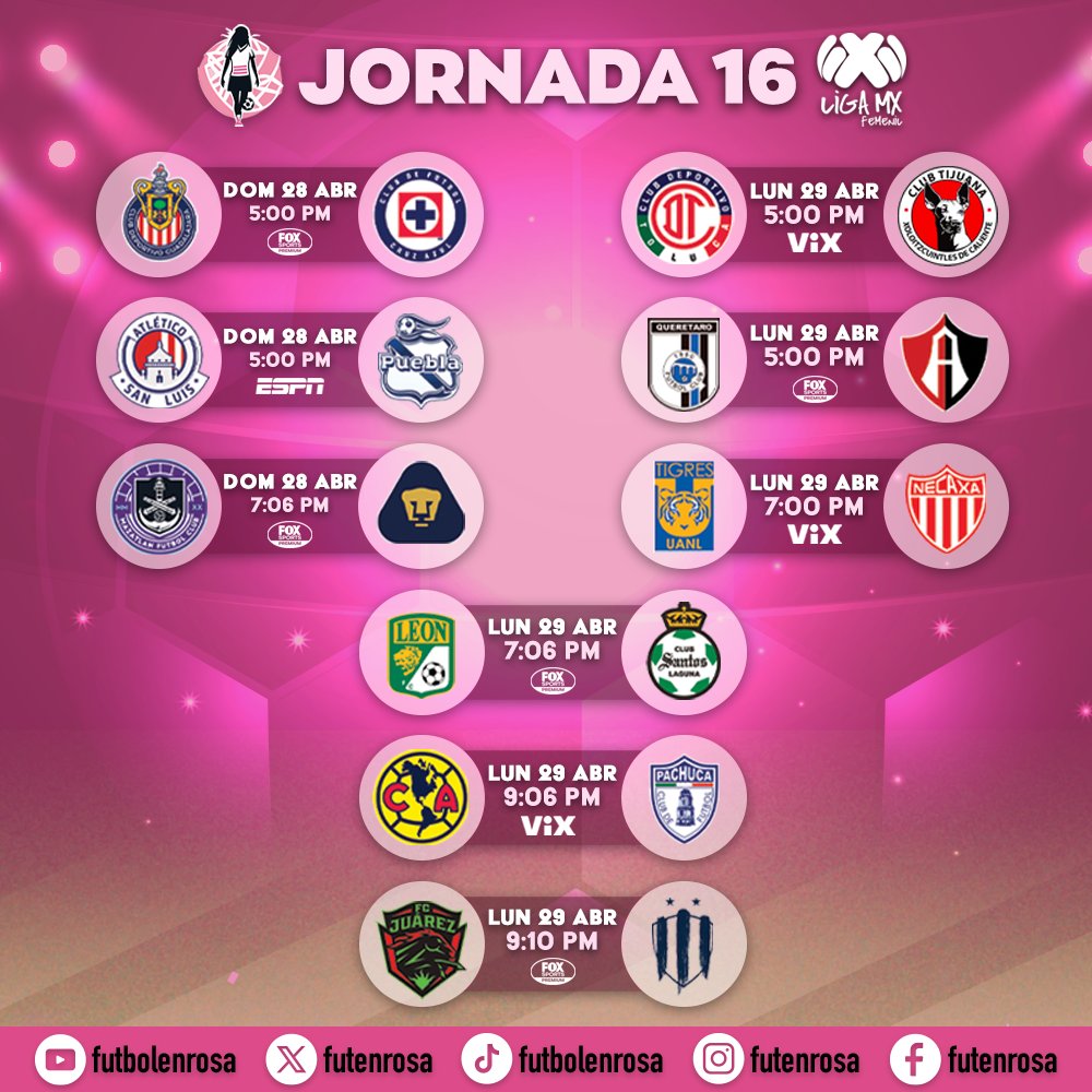 🚨 ¡Atención Rosamboleros! 🚨
No pierdan detalle de los días, horarios y canales de transmisión de la maratónica Jornada 16. ⚽️🎉 ¡Prepárense para vibrar con cada partido y apoyar a sus equipos favoritos! 💪🔥 #LigaMXFemenil #Jornada16 #FútbolFemenino 🌟📺