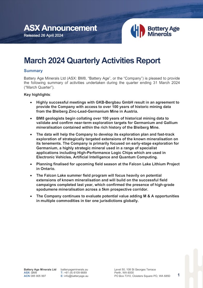 Battery Age Minerals is pleased to provide the following summary of activities undertaken during the quarter ending 31 March 2024.

ow.ly/UC7I50Rqibr

#BM8 #QuarterlyReport #lithium #exploration #Canada #Ontario