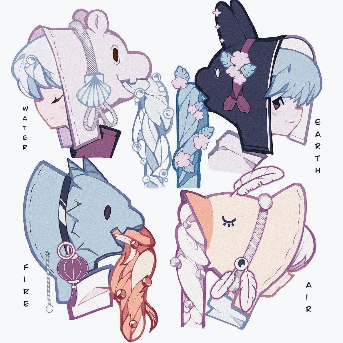 Four elements hats 🌊🌿🔥💨

Early Character designs from my comic.

#art #drawings