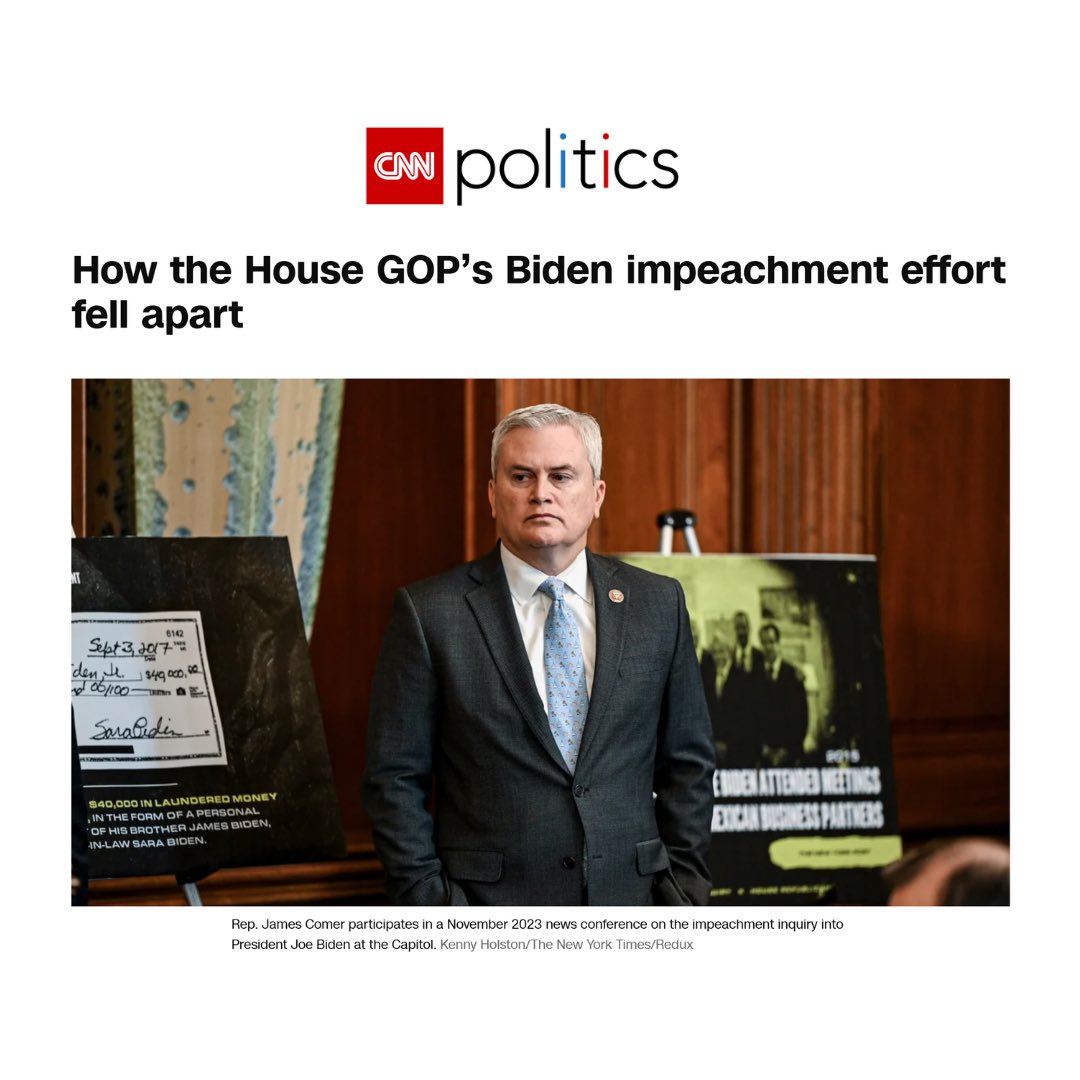 Even House Republicans are embarrassed by Chairman Comer’s failed impeachment investigation.   And it’s no wonder—its central premise was based on Russian propaganda and disinformation.  cnn.com/2024/04/24/pol…