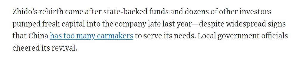 The WSJ reports on China's auto overcapacity (plants to make 40m cars a year, internal demand just over 20m). Apparently going bankrupt doesn't lead certain Chinese firms to exit the market -- with support from provincial governments and SoEs, they get a second chance 1/