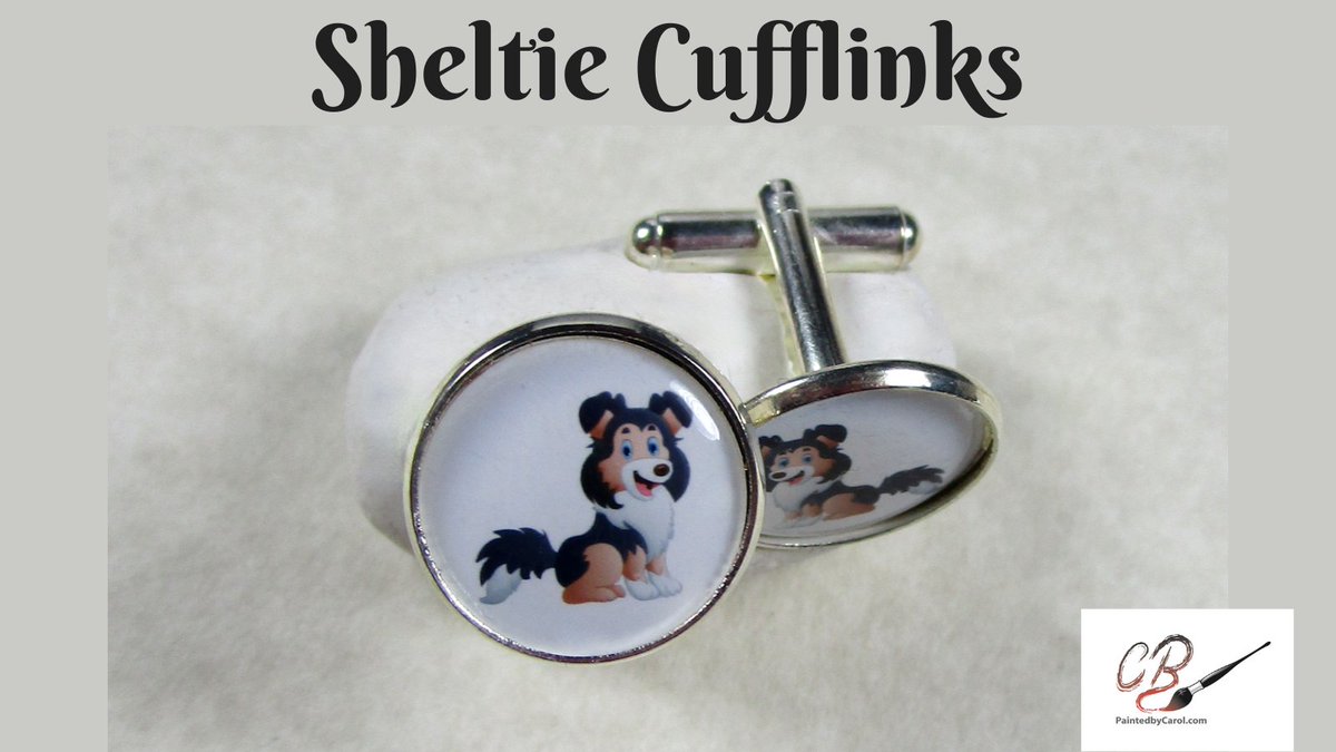 Our little Shetland Sheepdog is so cute! These cufflinks ship from our Etsy shop the next business day. We have more than 80 breeds and hundreds of exclusive designs. #Sheltie #Jewelry paintedbycarol.etsy.com/listing/150246…
