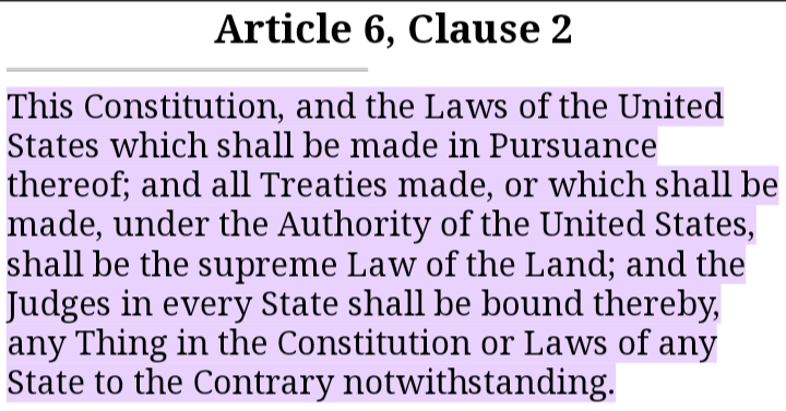 prohibitliberty's tweet photo. @DoniTheDon_ People saying commerce clause are wrong, it's the supremacy clause. Article 6 Clause 2. It quite literally says all federal law is supreme and all judges are bound by it. It does not say laws must be constitutional, it says 'in pursuance thereof' meaning 'up to interpretation'. https://t.co/OTaMRcW1gW