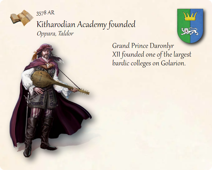 GolarionToday's tweet photo. 3578 AR: Kitharodian Academy founded
#Kitharodian #Oppara #Taldor #DaronlyrXII #3578AR
https://t.co/N9ygmRaByR
Grand Prince Daronlyr XII founded one of the largest bardic colleges on Golarion. https://t.co/9onCbpmKBl