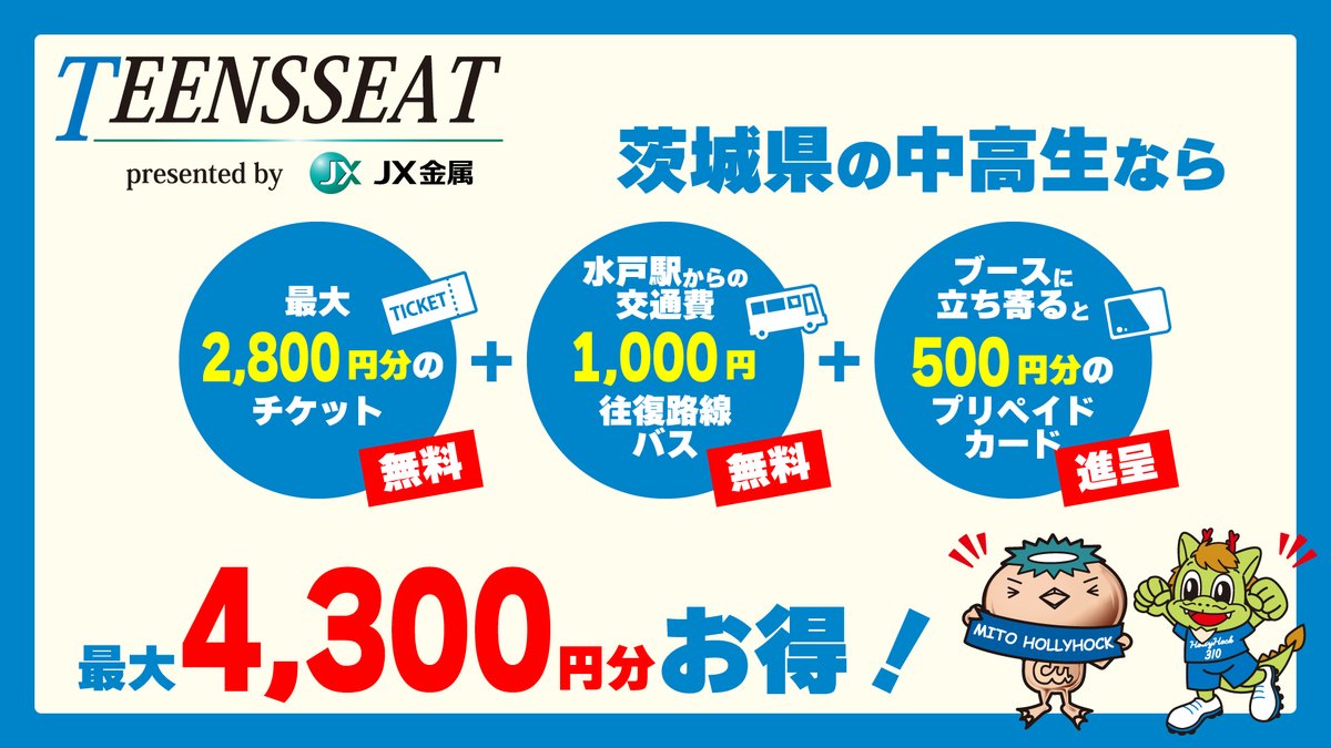 茨城県内の中高生は'超'オトクに試合観戦を 📣TEENSSEAT presented by ＪＸ金属 ✅試合観戦が無料🆓 ✅交通費支援アリ🚍 ✅500円分のプリカプレゼント🎁 💡紹介キャンペーン実施中✨ 🔻受付中の試合 #0506熊本戦 #0518大分戦 #0602長崎戦 🔻お申込みは mito-hollyhock.net/news/p=33722/ #水戸ホーリーホック