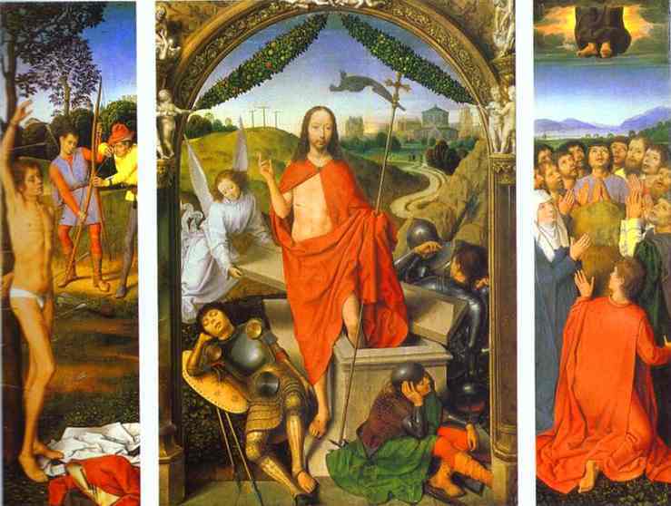 Triptych of the Resurrection: The Resurrection (centre) The Martyrdom of St. Sebastian (left) and The Ascension (right) wikiart.org/en/hans-memlin…