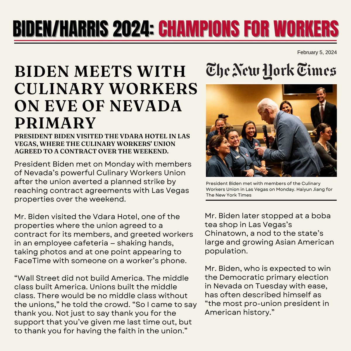 With @POTUS Biden & @VP Harris in office, workers know we've got backup & political leadership who value working families & that's just a big deal for workers. nytimes.com/2024/02/05/us/…
