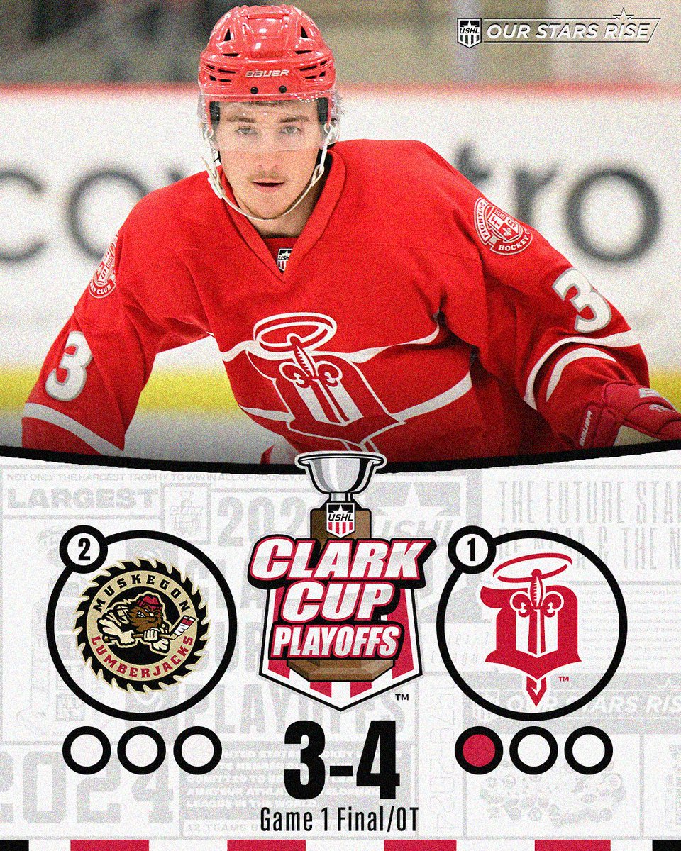 Final from Dubuque in Game #1 of the Eastern Conference Final. @fightingsaints get goals from four different players, including one from Jayden Jubenvill in OT.  #StarsRise | #2024ClarkCupPlayoffs