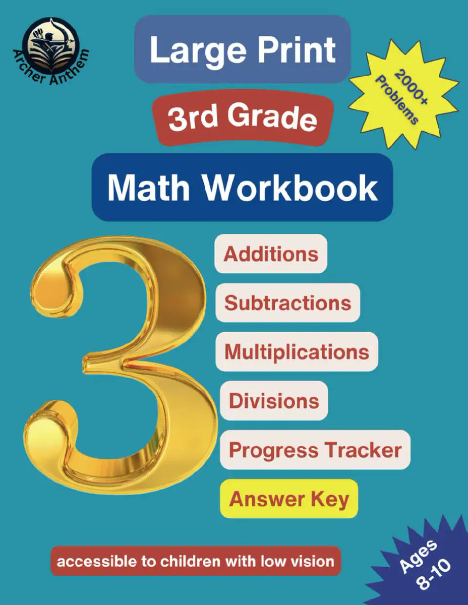 Large Print 3rd Grade Math Workbook. Accessible to Children with Low Vision. Features 2,000+ problems across 120 worksheets. For sample worksheets & answers, visit:
archeranthem.com/workbooks/larg…

#archeranthem #visualimpairment #Assistivetechnology #largeprint #lowvision #SightLoss