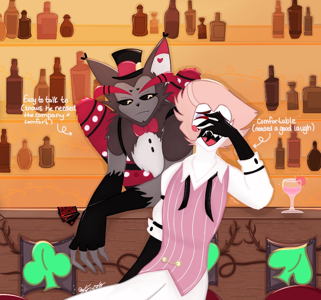 After hours of excruciating dedication to create my own background just to end up still hating it, may I present: my two favs bonding 🫶 
#HazbinHotel #LuciferHazbinHotel #huskerhazbinhotel #applecider #LuciferMorningstar