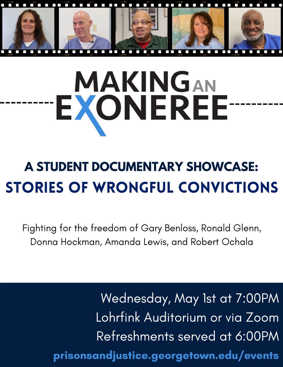 Please join the Making an Exoneree Showcase Event this Wed 5/1 at 7pm (either in person at @Georgetown or virtually). MAE has contributed to 7 prison releases, with more to come! Be inspired by our amazing students who are devoted to correcting injustice and pushing for freedom!