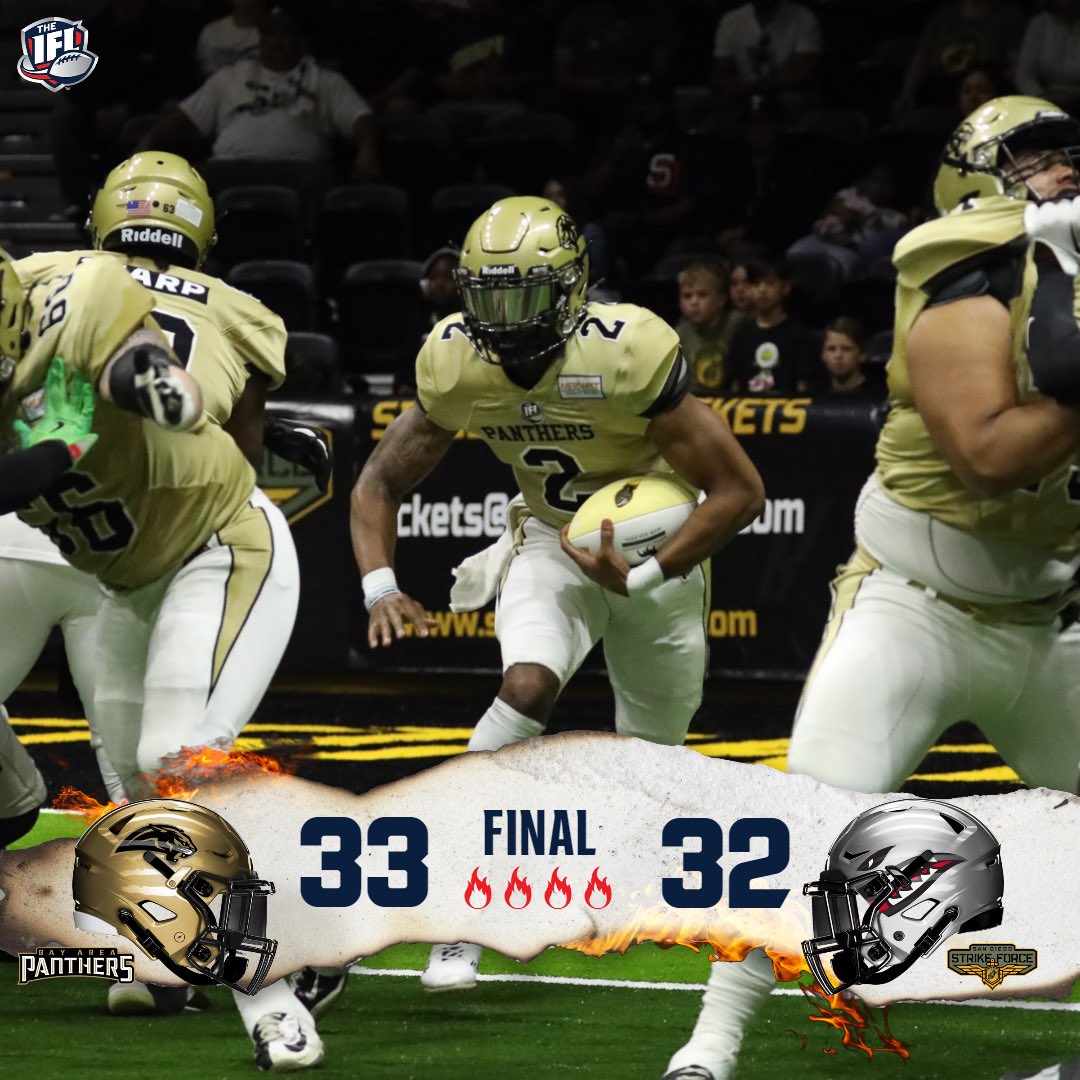 What a game! <a href="/PanthersIFL/">Bay Area Panthers</a> (5-0) 
<a href="/sdstrikeforce/">San Diego Strike Force</a> (3-2)
#TheIndoorWar #FiredUpIFL