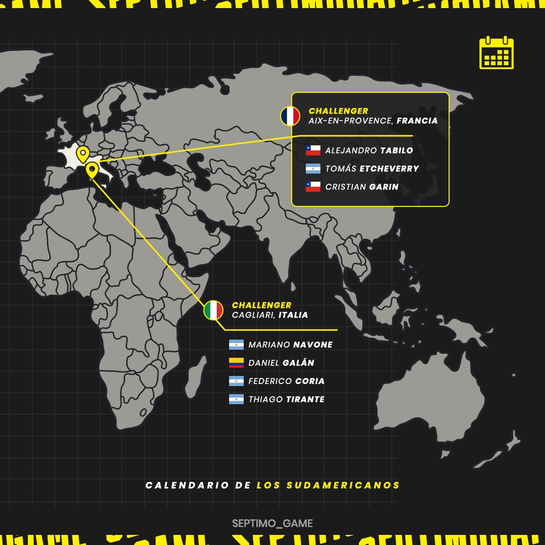🫡 VAMOS SUDAMÉRICA. Les dejamos el calendario de los sudamericanos esta semana con mucha participación en los Challengers, tanto de acá como de Europa. En Aix-en-Provence habrá presencia chilena 🇨🇱 con Tabilo y Garín.