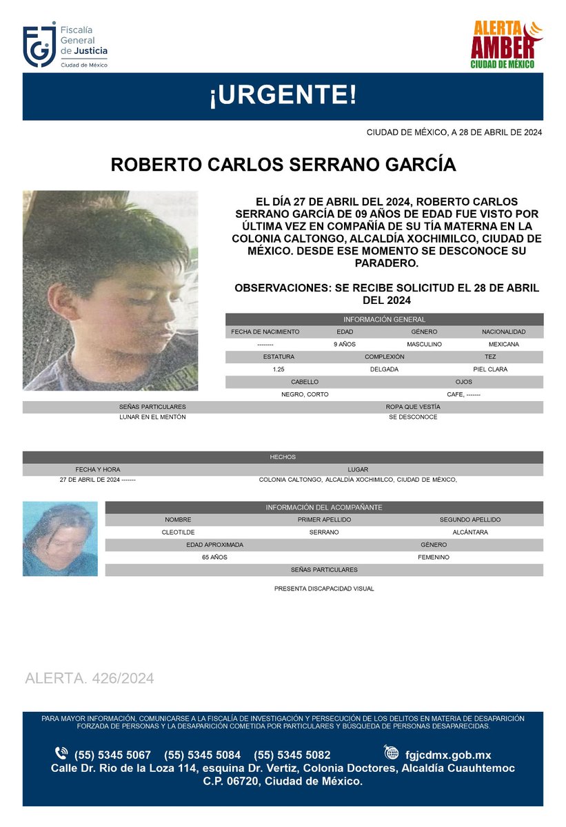 Se activa #AlertaAmber para localizar a un menor de nueve años de edad, de nombre Roberto Carlos Serrano García, fue visto por última vez el día 27 de abril de 2024 en la colonia Caltongo, alcaldía Xochimilco