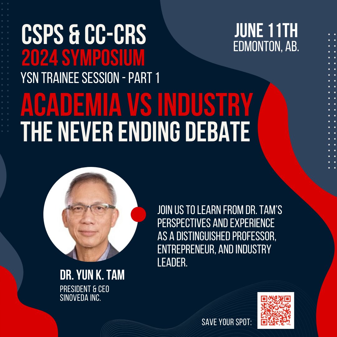 Where to? Academia or Industry?

If you've had this question, our YSN session at the 2024 CSPS/CC-CRS Symposium is right for you!
Dr. Tam has extensive experience in both fields, join us for this great discussion.

Register at👉bit.ly/4aJJegC
#Pharmacy #Research #Canada