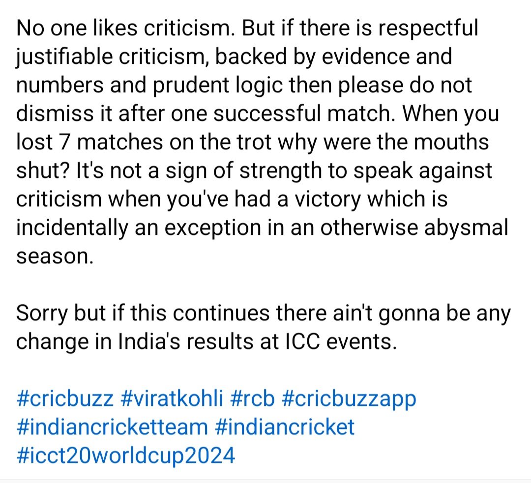 sujaymalik's tweet photo. #viratkohli taking a jibe at his critics is unjustifiable and totally uncalled for.

#CricbuzzLive #cricbuzz #IPL2024 #worldt20 https://t.co/D6KMjTzYcP