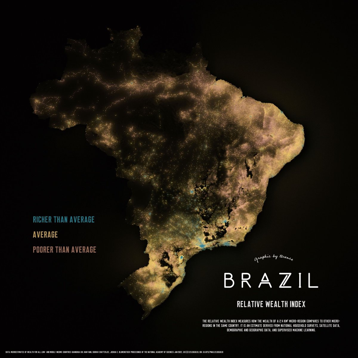 Relative wealth estimates of Brazil, 2021. The relative wealth index measures how the wealth of a 2.4 square km micro-region compares to other regions in the same country. #rayshader adventures, an #rstats tale