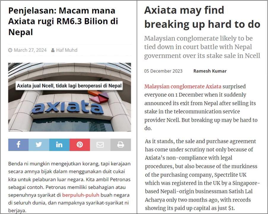 Axiata membeli 80% kepentingan dalam syarikat telco terbesar Nepal, Ncell pada tahun 2016 masa Najib dengan harga US$1.37 billion (RM6.53b). Masa itu, lesen telco akan tamat pada tahun 2029 - iaitu 13 tahun lagi.

Tetapi dengan sangat mengejutkan, pada Disember 2023 Axiata jual…