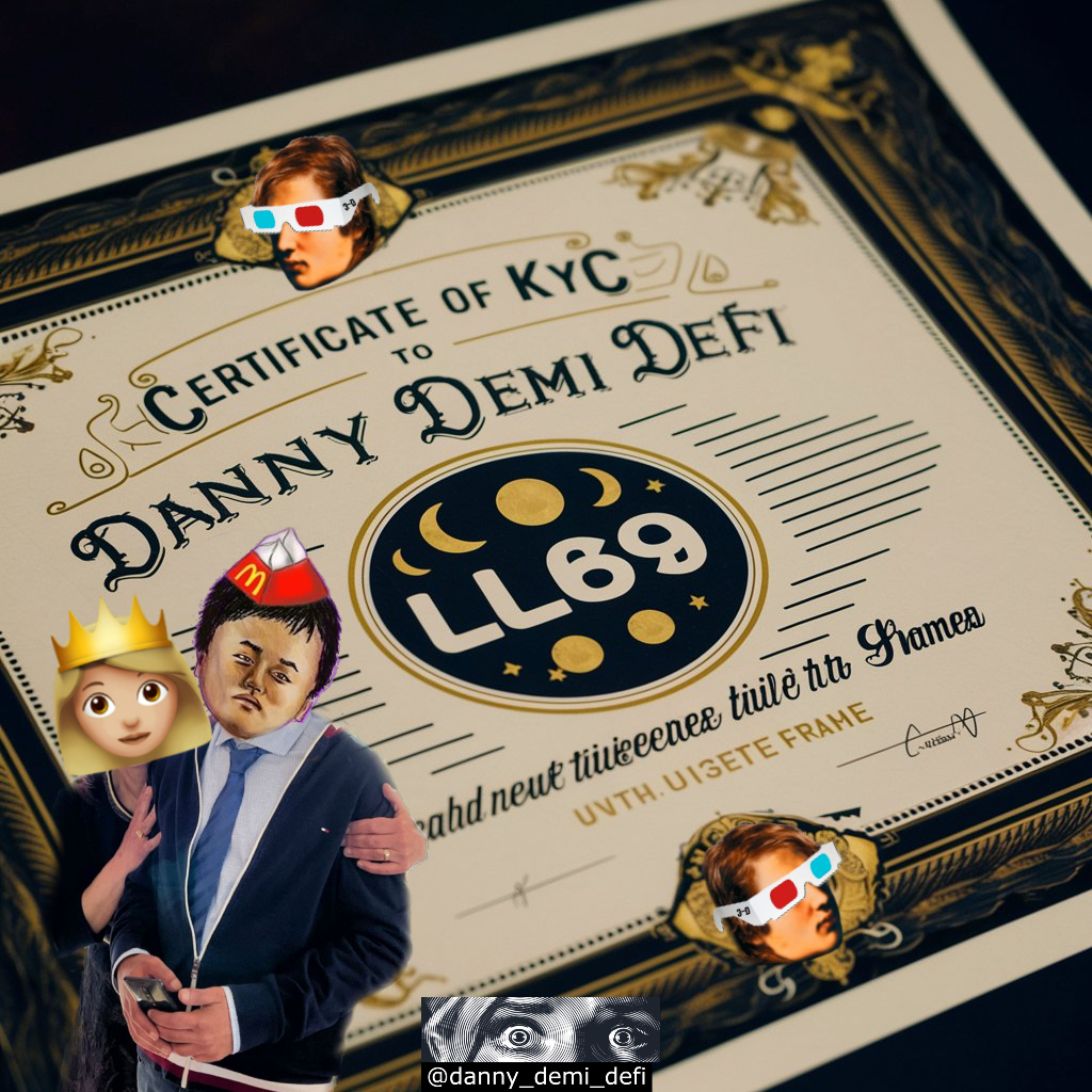 danny_demi_defi's tweet photo. 🚨🚨🚨 LL69 KYC's to Danny Demi DeFi!!! 🚨🚨🚨

mmm... sooo... IF he rugs... we get to meme his real face!!!... the 3-D KYC Guarantee.. We will meme you!!! Lolz... 

Certificate of KYC to Danny Demi DeFi Awarded to @luna_lover69 ... 

By: Danny Demi DeFi...

Started smoking... did a thang... digital oil on digital canvas or whatever...

$RAKOFF #RAKOFF $FLUNC #FLUNC $LUNC #LUNC #TERRACLASSIC #LUNACLASSIC $LUNA #LUNA #LUNCARMY #LUNCCOMMUNITY #LUNCBURN #DeFi #USTC $USTC #REPEGUSTC #DANNYDEMIDEFI #LUNCCCOMMUNITY #LUNCCCOMMUNITY #CRYPTOCURRENCIES #ALTCOINS #AI #DecentralizedFinance #MOON #JSLASERS #JEWISHSPACELASERS