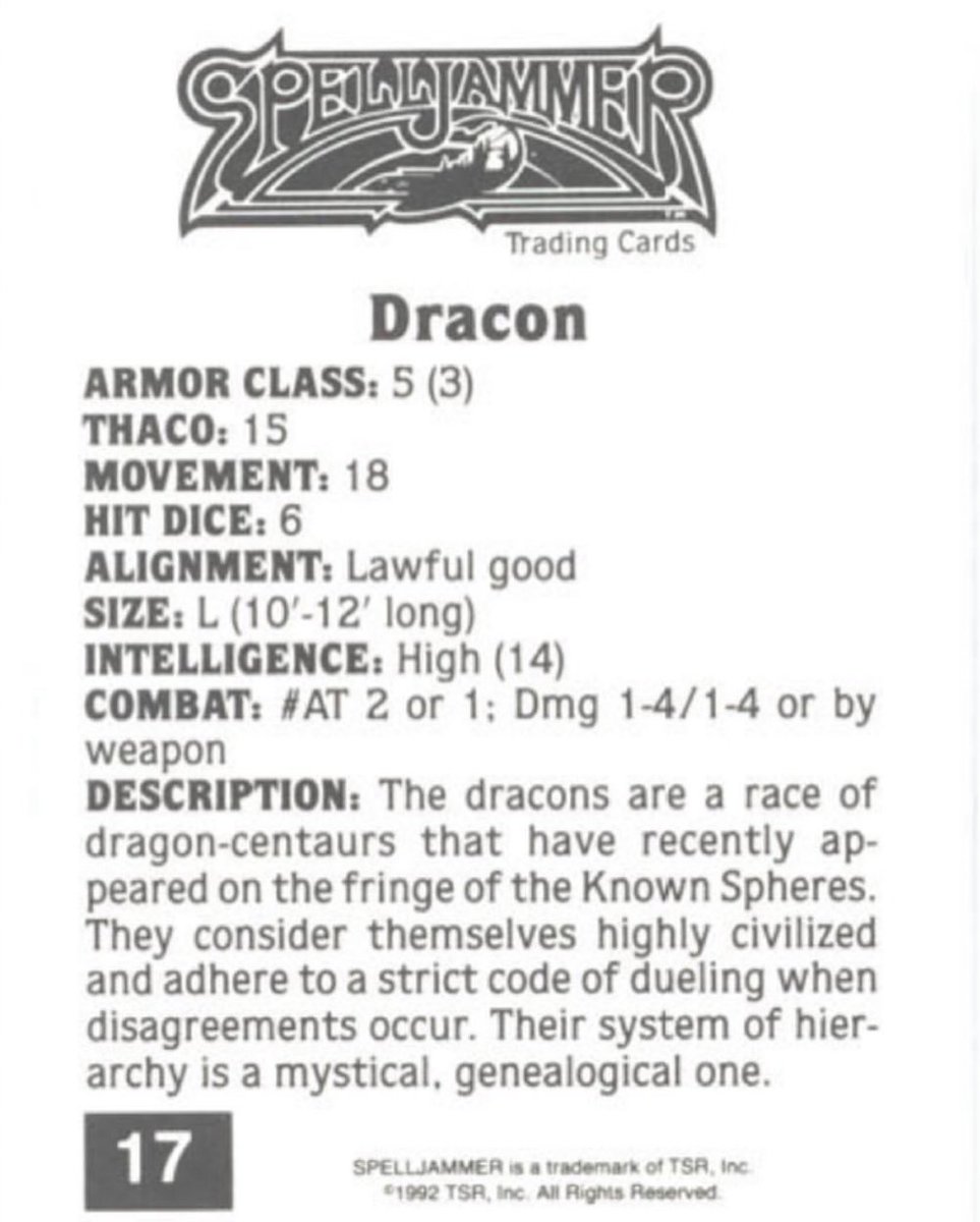 The Dracon, from TSR’s 1992 Trading Card Set. These guys are described as Dragon-Centaurs which suggests they are not merely a cross between a dragon and a horse, but a cross between a dragon and an actual centaur, which boggles the mind #dnd #dndmonster #fantasyart