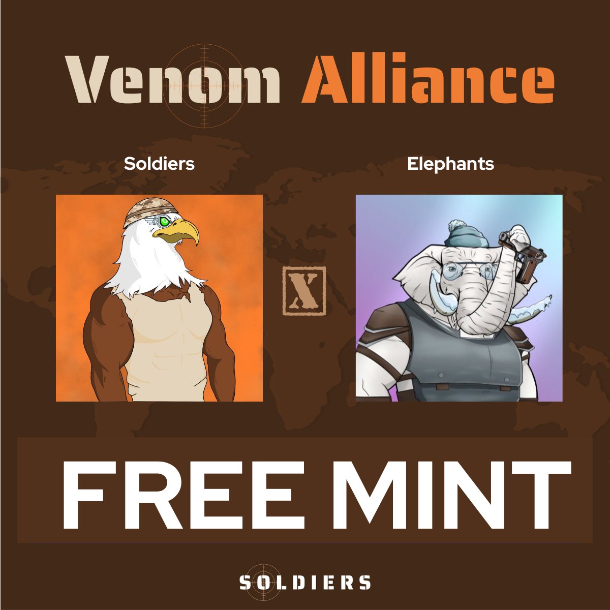 Venom Soldiers | MINT LIVE (@venom_soldiers) on Twitter photo ATTENTION SOLDIERS! 🚨
WE HAVE SOME NEWS… 👀
Starting now, the first 20 to mint a Soldier will receive a FREE <a href="/VenomElephants/">Venom Elephants</a> NFT! 🦅🐘
Mint & Claim it on Discord.
venomart.io/launchpad/veno… ATTENTION SOLDIERS! 🚨
WE HAVE SOME NEWS… 👀
Starting now, the first 20 to mint a Soldier will receive a FREE <a href="/VenomElephants/">Venom Elephants</a> NFT! 🦅🐘
Mint & Claim it on Discord.
venomart.io/launchpad/veno…