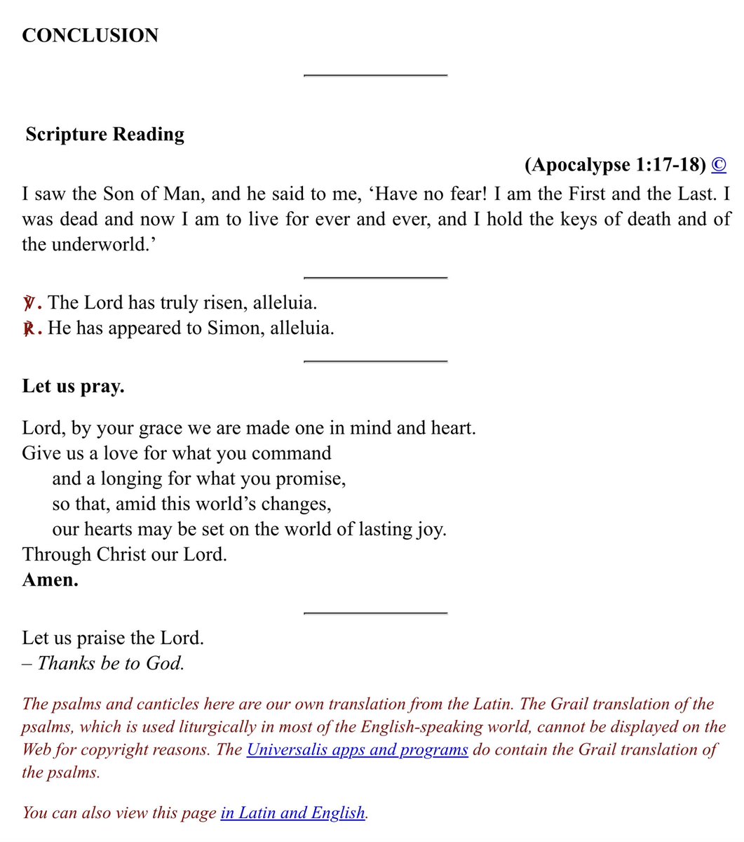 Universalis  

Monday 29 April 2024  
Monday of the 5th week of Eastertide
(Using calendar: Philippines. You can change this.)

#Mid-MorningPrayer(Terce)

universalis.com/index.htm