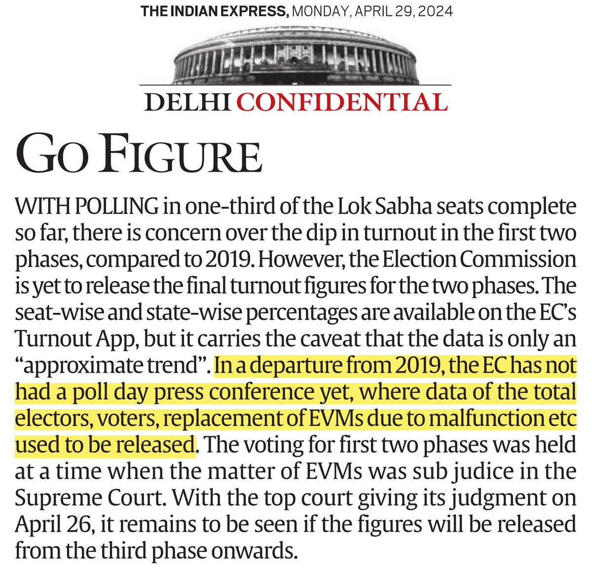 'In a departure from 2019, the EC has not had a poll day press conference yet, where data of the total electors, voters, replacement of EVMs due to malfunction etc used to be released' 🧐