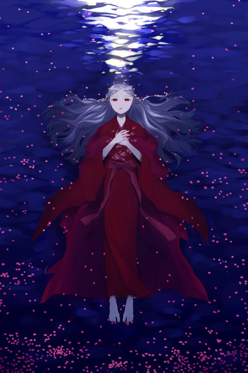 1girl solo long hair looking at viewer red eyes grey hair lying  illustration images