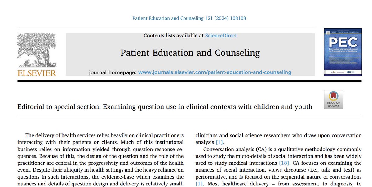 📑 Thanks to Patient Education and Counseling for publishing our new special issue (5 interactional studies!). We examine questioning practices, which illuminate possibilities and constraints on fully engaging children in their care and health decisions.🧵 doi.org/10.1016/j.pec.…