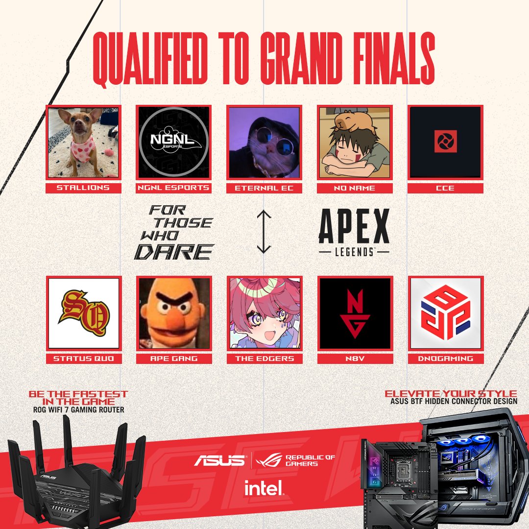 that's a wrap on For Those Who Dare $25K Apex Tournament - Qualifier #1 congratulations to these 10 teams making it to the grand finals on June 21st 🏆 #PoweredbyASUSWiFi7Router @ASUS_ROGNA | @IntelGaming