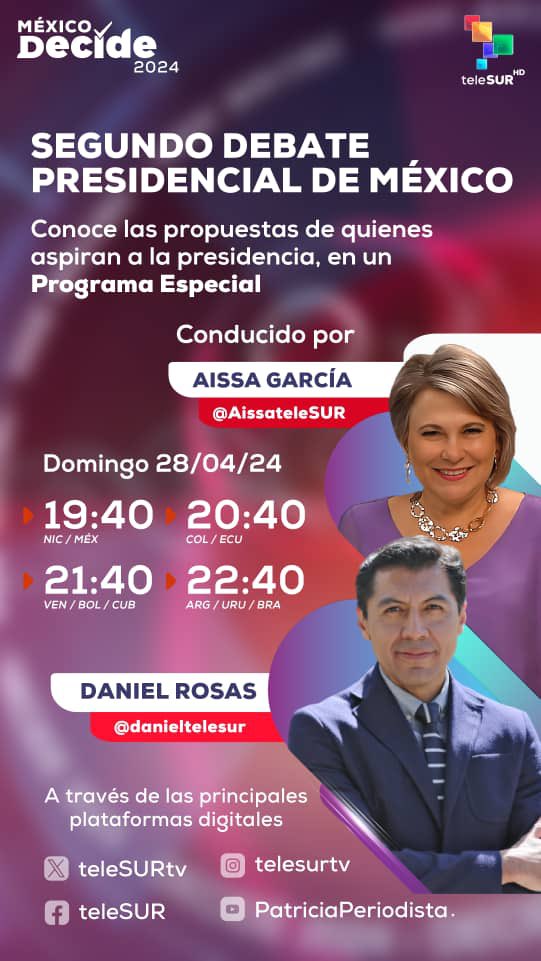 No te pierdas el *segundo debate presidencial de México 🇲🇽* hoy a las 22h de Caracas, a través de nuestras principales plataformas digitales 👇🏼 ✖ bit.ly/telesurenX 📹bit.ly/teleSURenYoutu… 📷 bit.ly/telesurenInsta… 💟 bit.ly/telesurenFaceb…