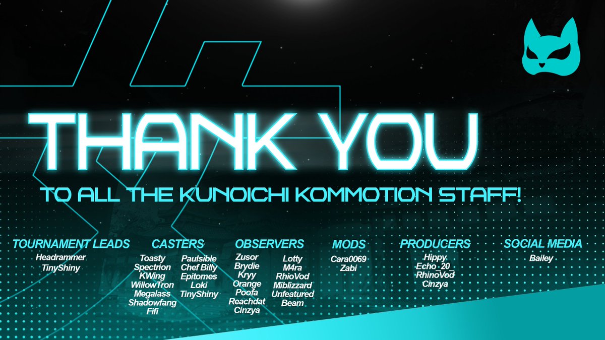 Only three words... What a tournament.

Thank you to everyone who made this tournament possible from the players, casters, production staff, and most of all, our viewers. Without any of you, Kunoichi Kommotion would not have been possible 💙🤍

#KunoichiKommotion