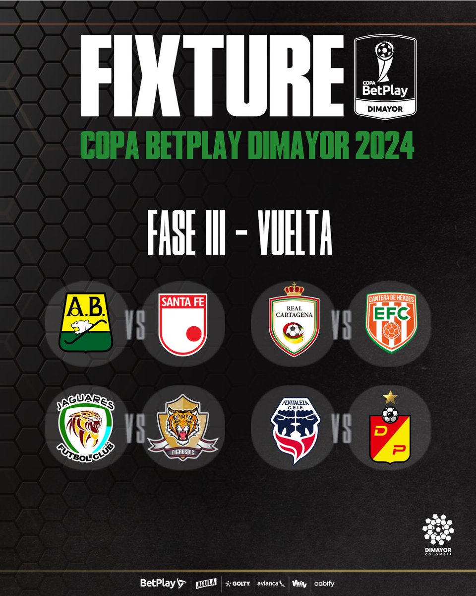 ⚽💥Así quedó definido el Fixture de la Fase III de la #CopaBetPlay 

➡️ @SantaFe Vs @ABucaramanga 
➡️ @EnvigadoFC Vs @RealCartagena 
➡️ @TigresCol Vs @JaguaresdeCord 
➡️ @DeporPereiraFC Vs @FortalezaCEIF